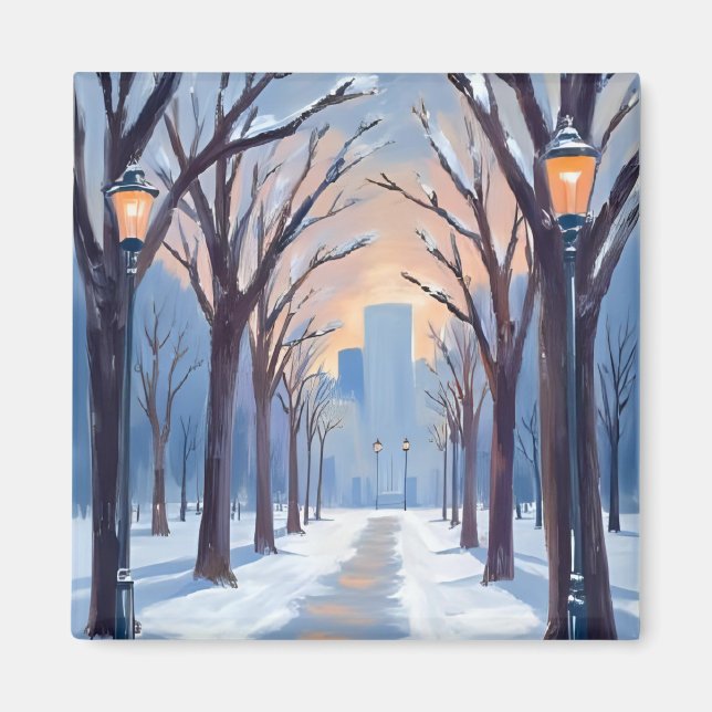 Imã Boston Common Winter Snowfall Watercolor (Frente)