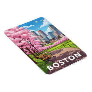 Ímã Boston skyline sob florescência de cerejeiras