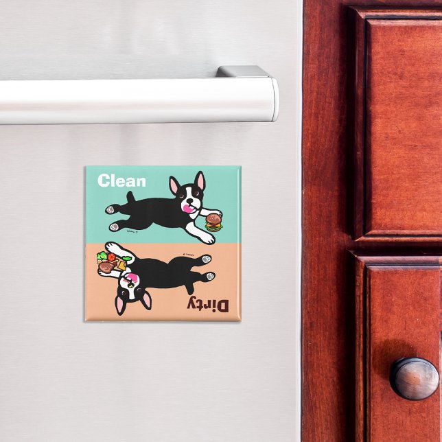 Imã Boston Terrier Cartoon Suja / Limpo (Cute Boston Terrier Cartoon Dishwasher Magnet.)