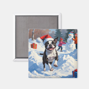 Imã Boston Terrier Cena de Natal Festivo na Neve