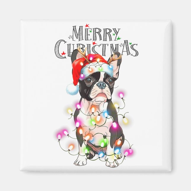 Imã Boston Terrier Christmas Lights Xmas Dog  (Frente)
