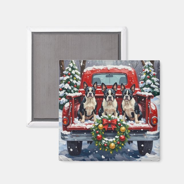 Imã Boston Terrier Christmas Red Truck Holiday (Front/Back)