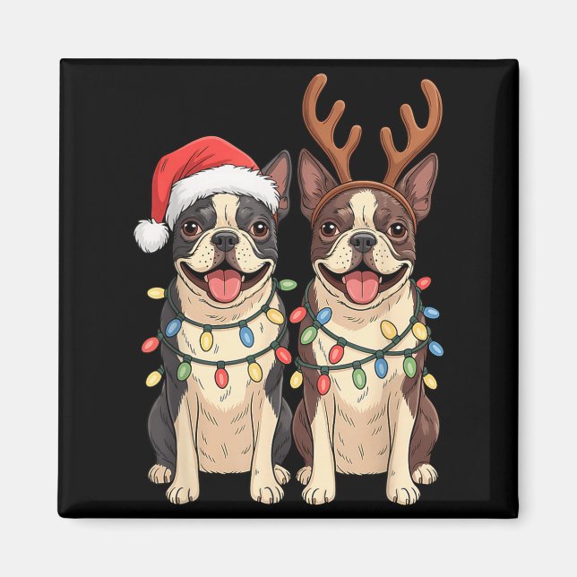 Imã Boston Terrier Christmas Santa Hat Reindeer Lights (Frente)