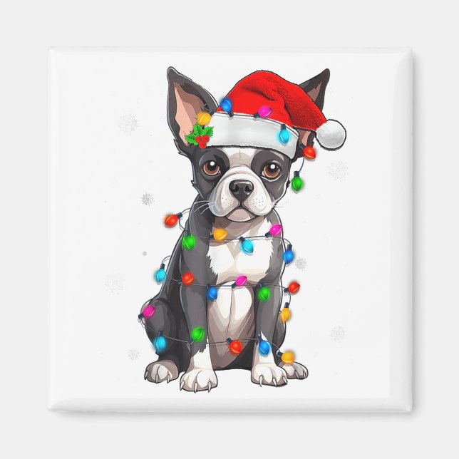 Imã Boston Terrier Christmas Santa Hat Tree Lights Paj (Frente)