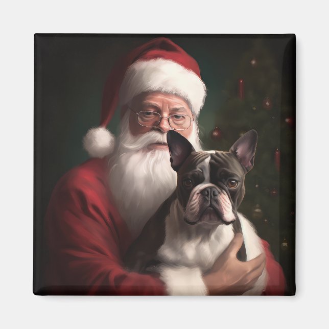 Imã Boston Terrier com Papai Noel Natal Festivo (Frente)