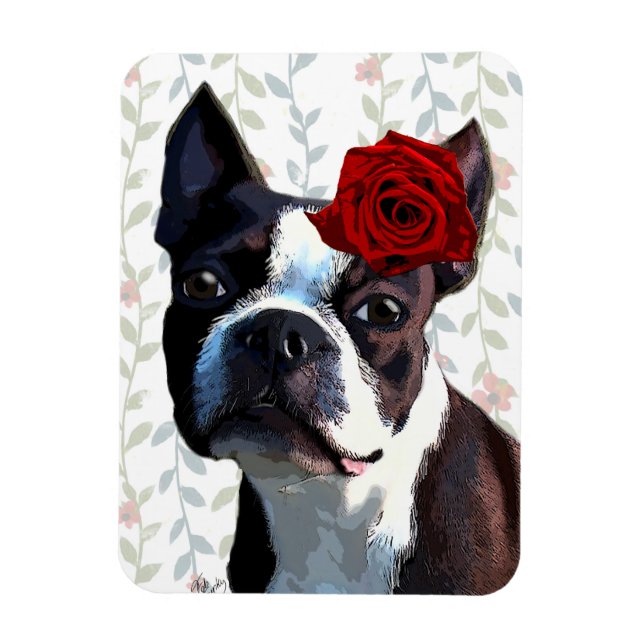 Ímã Boston Terrier com Rosa no cabeçalho 2 (Vertical)