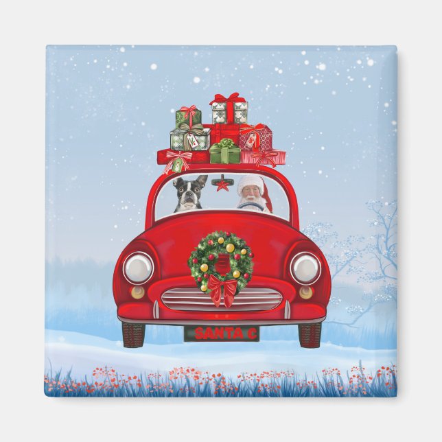 Imã Boston Terrier Dog No Carro Com Papai Noel (Frente)