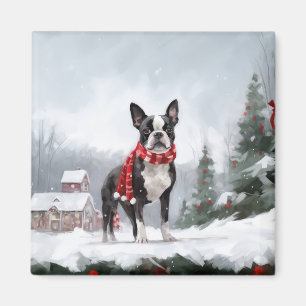 Imã Boston Terrier Dog no Natal da neve