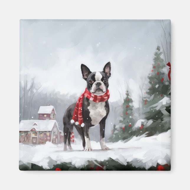 Imã Boston Terrier Dog no Natal da neve (Frente)