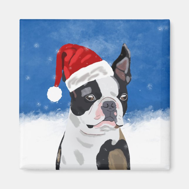 Imã Boston Terrier Dog no Natal da Neve Feriado Feliz (Frente)