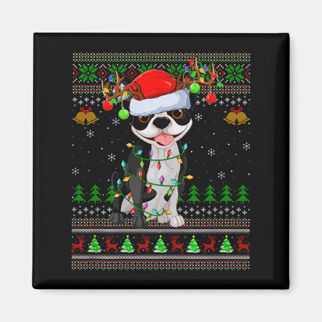 Imã Boston Terrier Dog Ugly Christmas Sweater Holiday  (Frente)