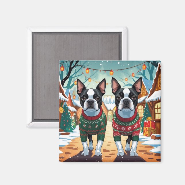 Imã Boston Terrier Dogs Christmas Snow Holiday (Front/Back)