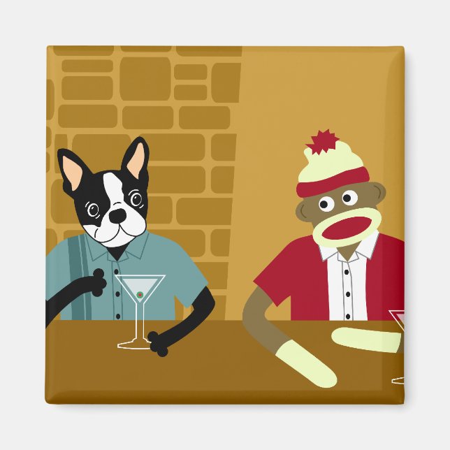 Imã Boston Terrier e Sock Monkey (Frente)