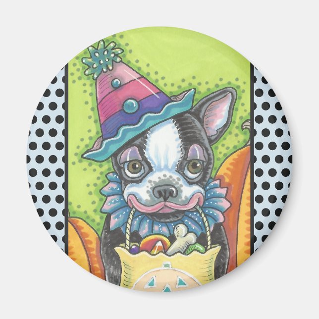 Imã BOSTON TERRIER HALLOWEEN CLOWN, DOG MAGNET Round (Frente)