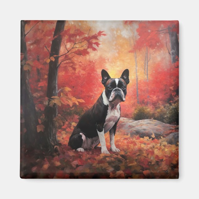 Imã Boston Terrier nas Folhas de Outono Caindo Inspira (Frente)