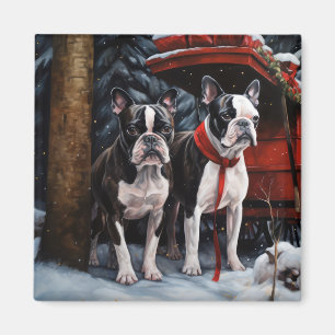 Imã Boston Terrier Nevado Trenó Natal Decoração de Nat
