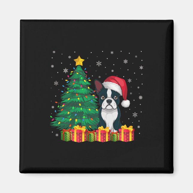 Imã Boston Terrier Santa Hat, Luz de Natal, Cão (Frente)