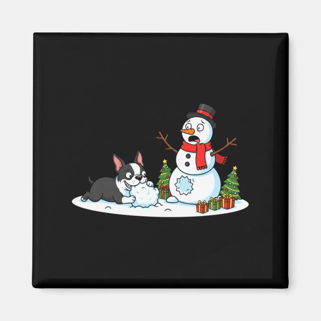 Imã Boston Terrier Snowman Christmas Tree Xmas Womens  (Frente)