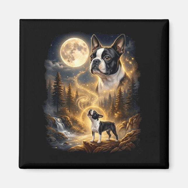 Imã Boston terrier uivando para a lua retrô  (Frente)