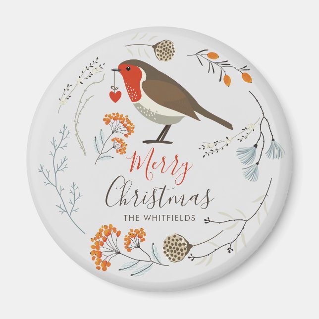 Imã Botânica Personalizada do Pássaro Robin Natal Botâ (Frente)