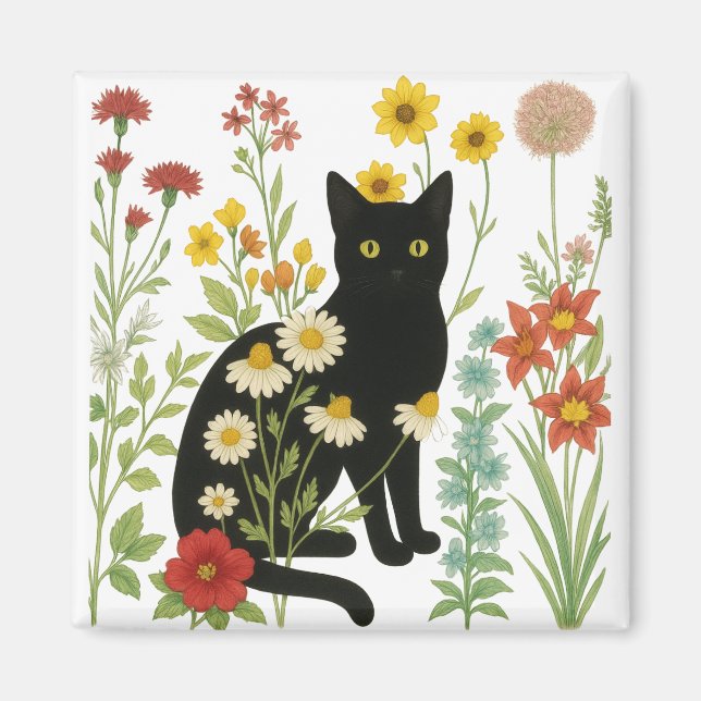 Imã  Botanical Nature – Black Cat in Wildflower Garden (Frente)
