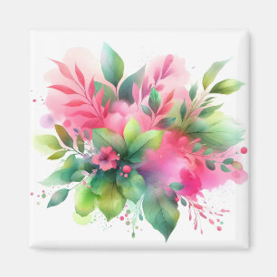 Imã Botânico Florido de Aquarela Rosa Verde