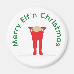 Imã Botão engraçado de Natal com elfo fazendo careta