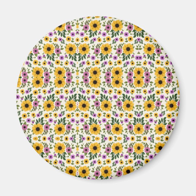 Imã Botão floral circular com amarelo vibrante (Frente)
