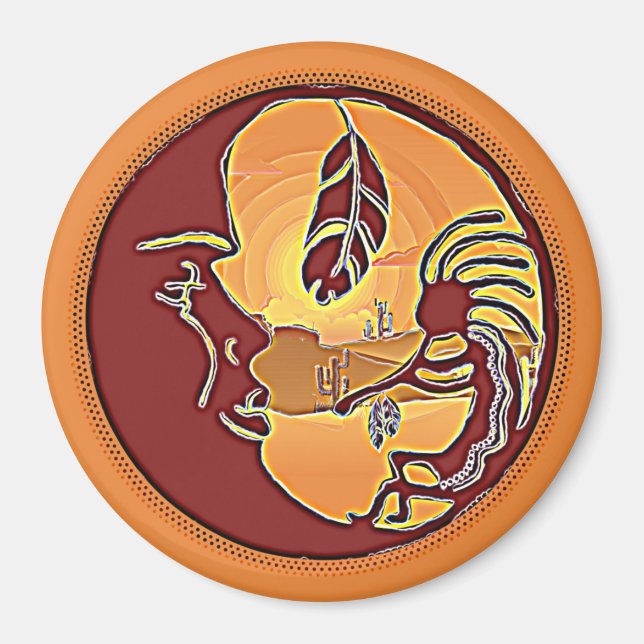 Imã Botão Paisagem - Lua Kokopelli Feather 1 (Frente)