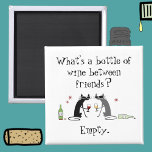 Imã Bottle of Wine Between Friends Funny Cat<br><div class="desc">What's a bottle of wine between friends? Well, that would be one empty wine bottle. Or two, one red wine and the other white, as in the illustration on this funny fridge magnet of The Cabernet Cat and his white-wine-drinking friend. This would be a great gift for a friend who...</div>