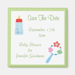 Imã Bottle & Rattle Save The Date Chá de fraldas