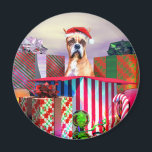 Imã Boxer Christmas Surpresa<br><div class="desc">uma surpresa de Férias com este lutador vestindo um chapéu de Papai Noel saindo de uma enorme caixa de presentes.</div>