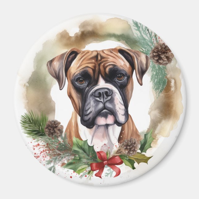 Imã Boxer Christmas Wreath Festivo Pup (Frente)