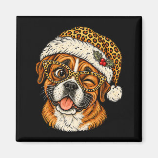 Imã Boxer de Natal Engraçado com Chapéu de Papai Noel 