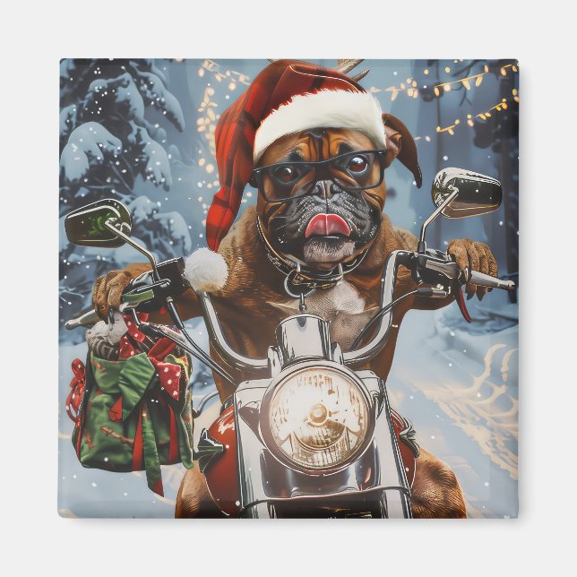 Imã Boxer Dog Riding Motorcycle Christmas (Frente)