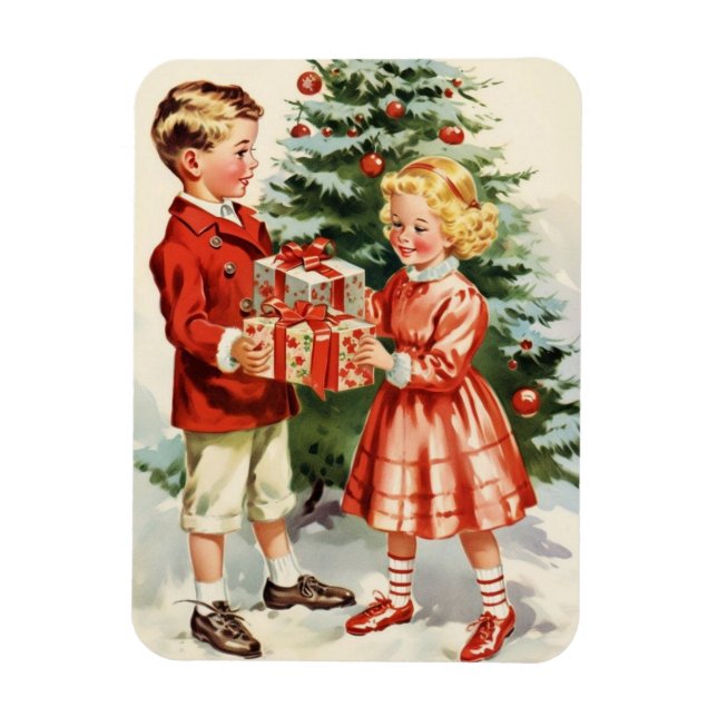 Ímã Boy and girl giving each other Christmas presents (Vertical)