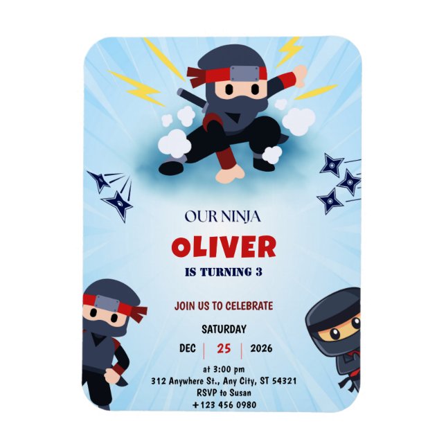 Ímã Boys Ninja Cartoon Birthday Magnet Convite (Vertical)