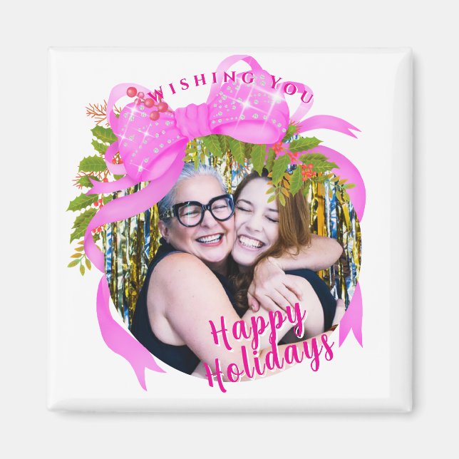 Imã Branca de Natal da Fita Rosa Brilhante (Frente)