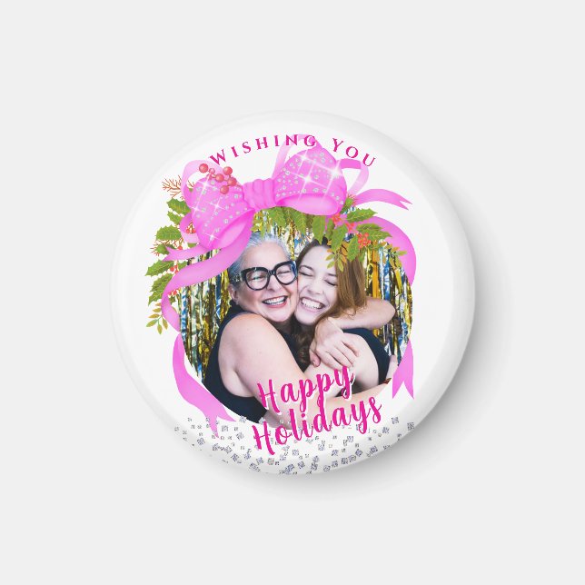 Imã Branca de Natal da Fita Rosa Brilhante (Frente)