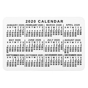 Ímã Branco do calendário mensal de 2020 anos e preto