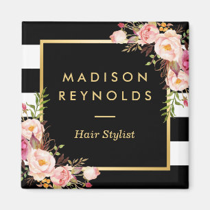 Imã Branco preto floral cor-de-rosa bonito listrado