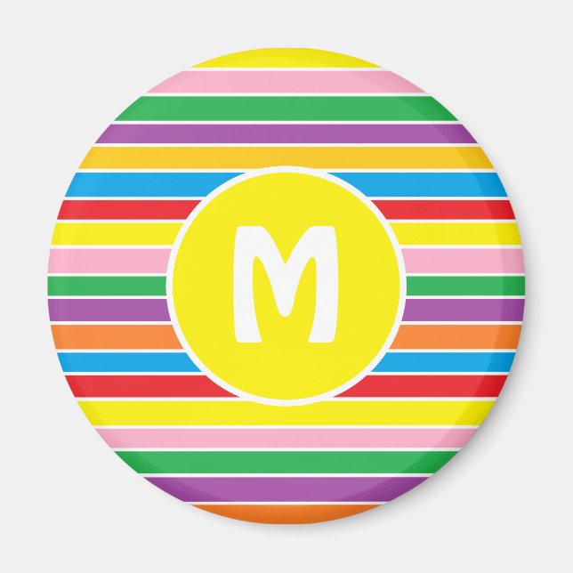 Imã Bright Colorful Rainbow Striped Monogrammed (Frente)