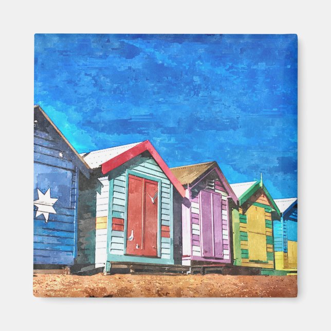 Imã Brighton Bathing Boxes Watercolor Painting (Frente)