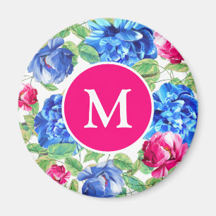 Imã Brilhante Rosa e Azul Floral Bonito Monogramado