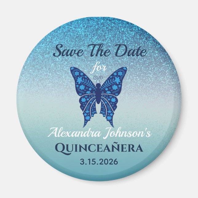Imã Brilho Azul Quinceañera Salve a Data (Frente)