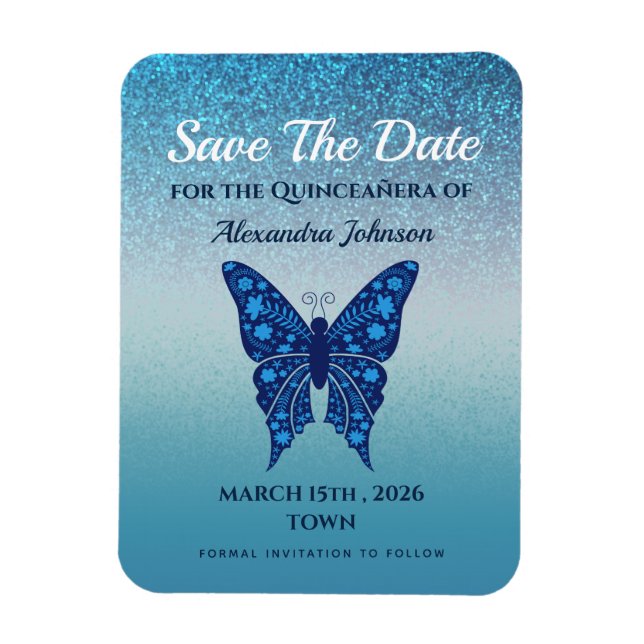 Ímã Brilho Azul Quinceañera Salve a Data (Vertical)