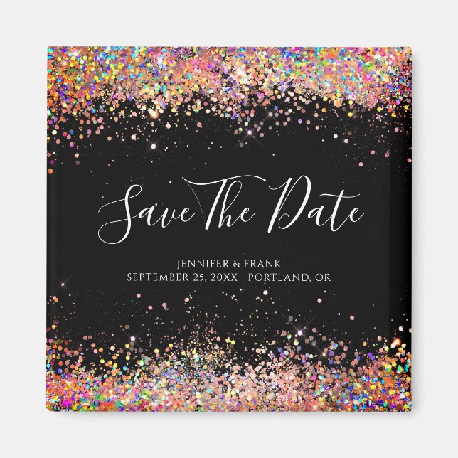 Imã Brilho Holográfico Save The Date Preto Elegante (Frente)