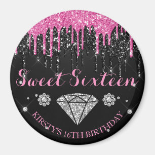 Imã Brilho Rosa e Preto Drip Sweet Sixteen