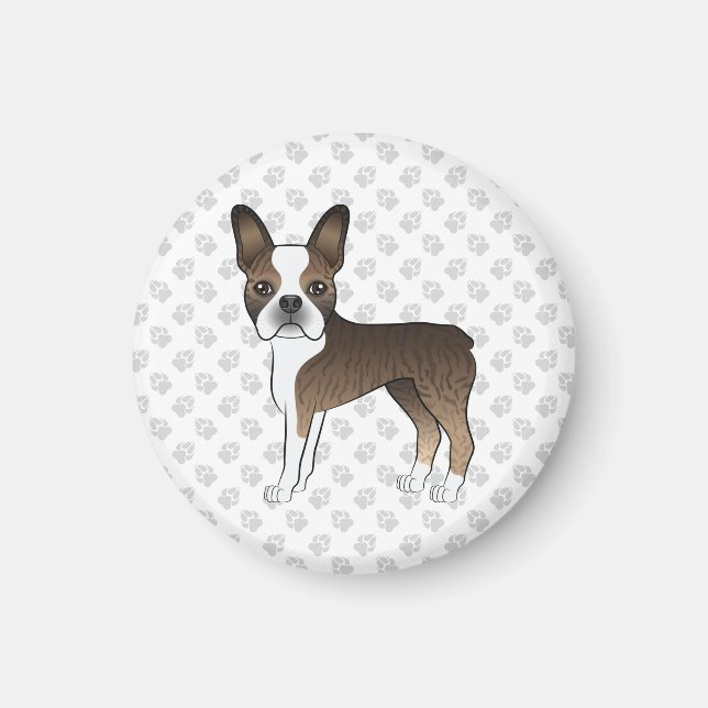 Imã Brindle Boston Terrier Cute Cartoon Dog & Paws (Frente)
