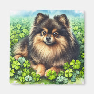 Imã Brindle Pomeranian Watercolor Clover Shamrock